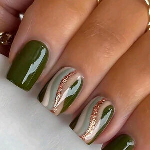 24Pcs Coffin Army Green Short Fake Nails with Jelly Glue & Rub Press-On Set sh